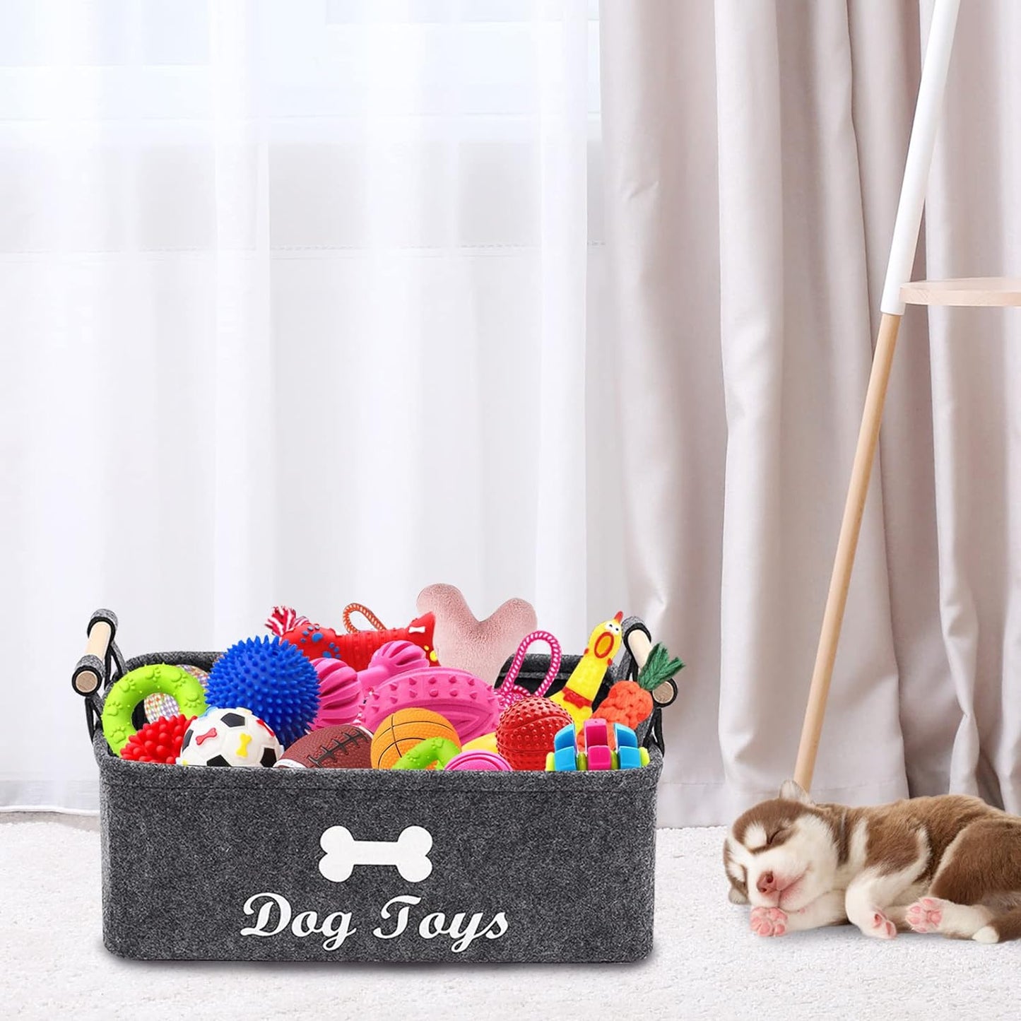 Dog Toys Storage Bins - with Wooden Handle,Decorative Basket Rectangular Soft Felt Storage Bin Organizer Basket Pet Supplies Storage Basket/Bin Kids Toy Chest Storage Trunk(Dog-Grey)