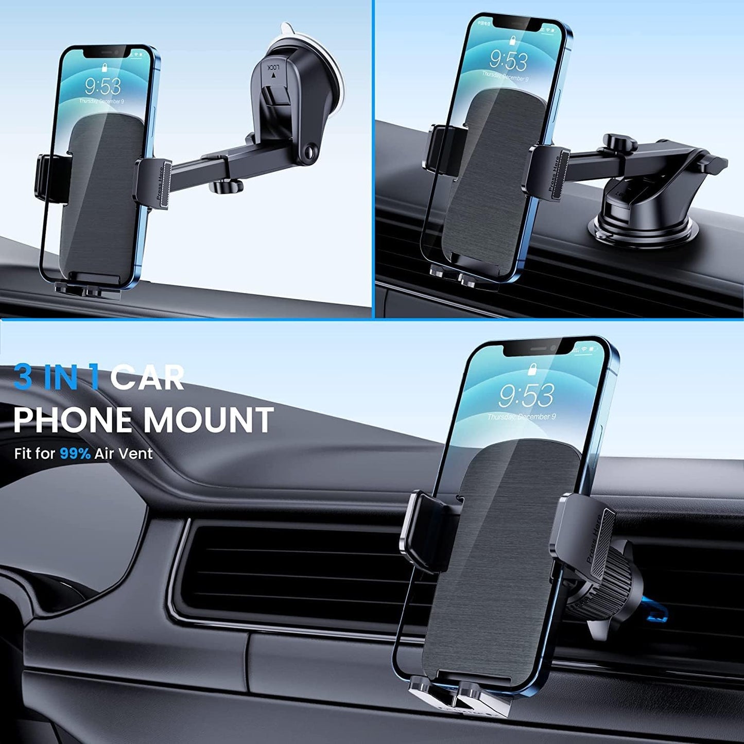 Phone Mount for Car Phone Holder [Military-Grade Suction & Stable Clip] Car Phone Holder Mount Windshield Dashboard Air Vent Universal Automobile Mount Fit for All Iphone Android Smartphones