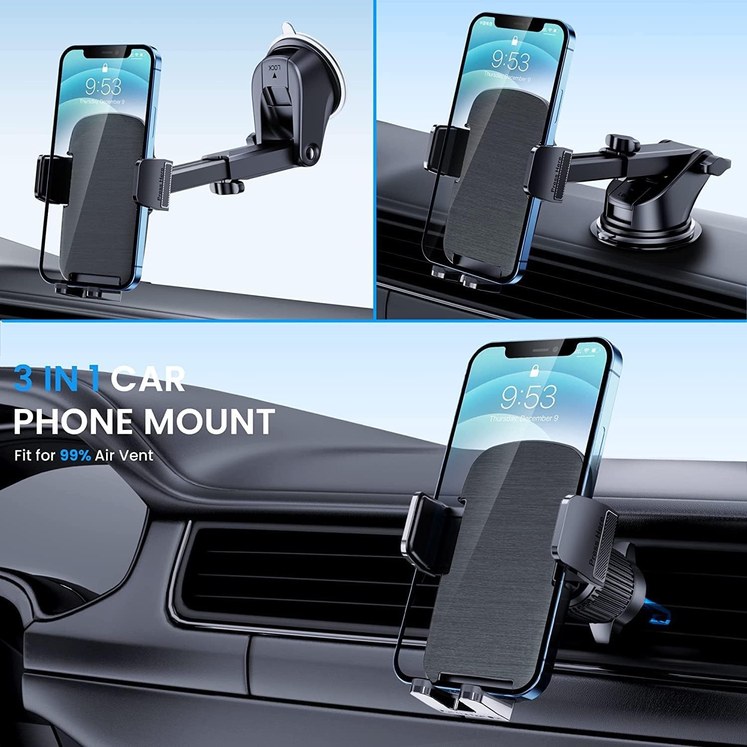 Phone Mount for Car Phone Holder [Military-Grade Suction & Stable Clip] Car Phone Holder Mount Windshield Dashboard Air Vent Universal Automobile Mount Fit for All Iphone Android Smartphones
