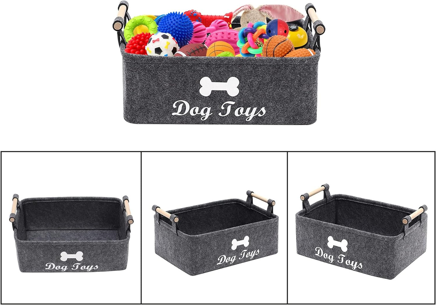 Dog Toys Storage Bins - with Wooden Handle,Decorative Basket Rectangular Soft Felt Storage Bin Organizer Basket Pet Supplies Storage Basket/Bin Kids Toy Chest Storage Trunk(Dog-Grey)