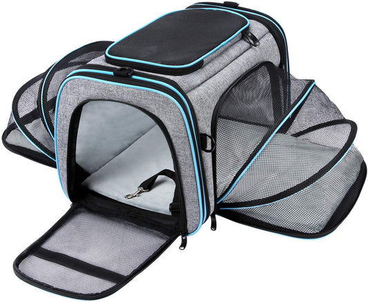 Airline Approved Pet Carrier, Large Soft Sided Pet Travel TSA Carrier 4 Sides Expandable Cat Collapsible Carriers with Removable Fleece Pad and Pockets for Cats Dogs and Small Animals