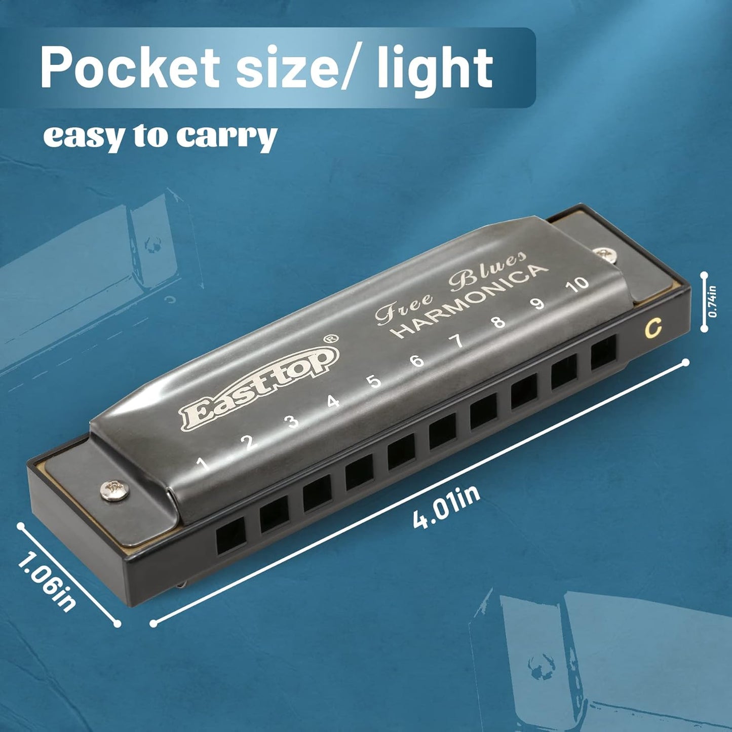 Deluxe Harmonica Key of C, 10 Holes 20 Tones Mouth Organ Diatonic Blues Harmonica for Adults, Beginners, Professionals and Students, as a Gift（Silver Grey）