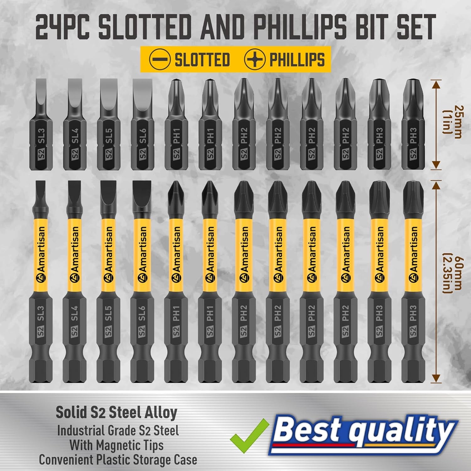 24-Piece Screwdriver Bit Set | Magnetic Slotted Phillips Driver Bit Set | S2 Ste