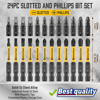 24-Piece Screwdriver Bit Set | Magnetic Slotted Phillips Driver Bit Set | S2 Ste