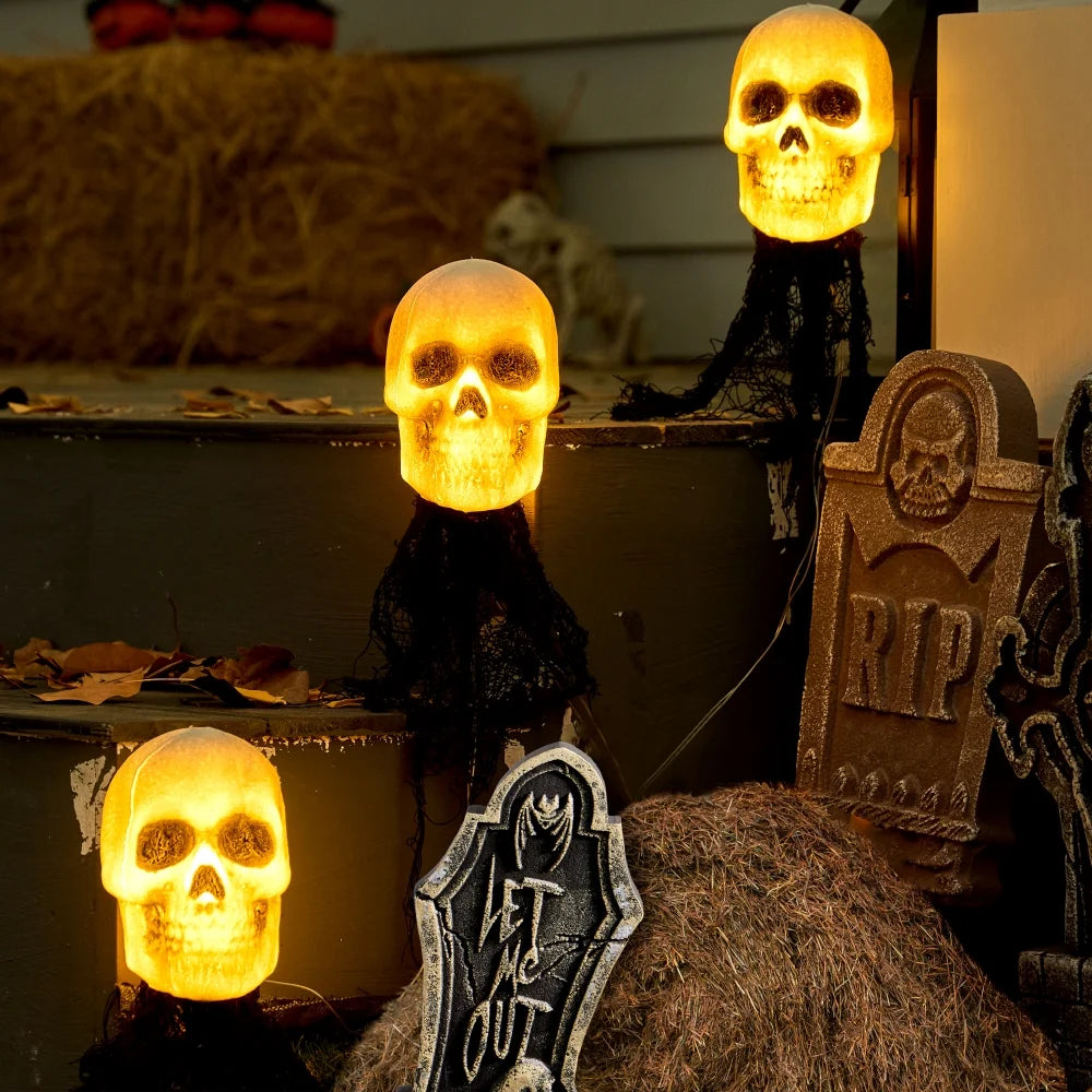 3 Pack Halloween Light up Skeleton Outdoor Decorations,Halloween Graveyard Spooky Skull Stakes Pathway Lights for Halloween Yard Decor