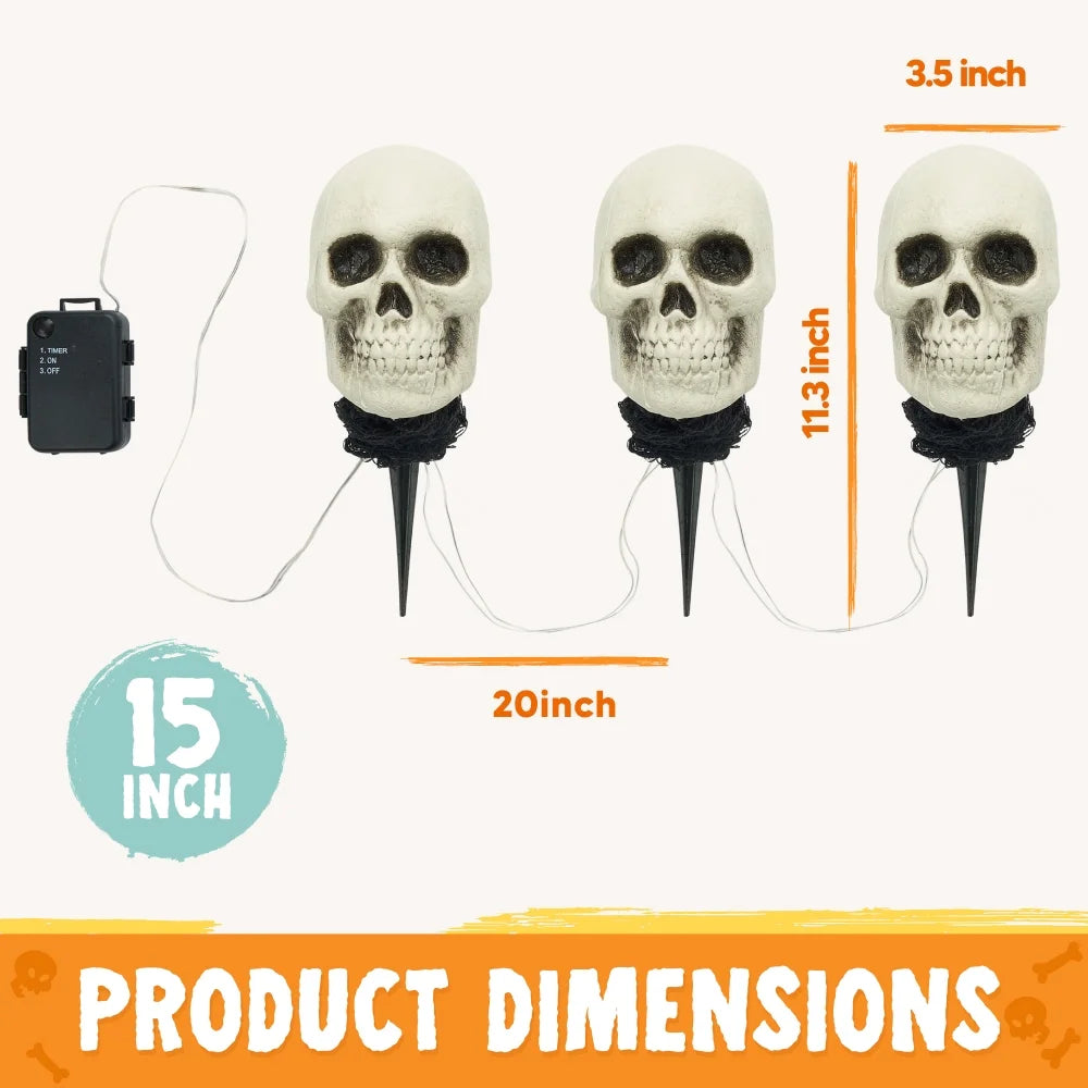 3 Pack Halloween Light up Skeleton Outdoor Decorations,Halloween Graveyard Spooky Skull Stakes Pathway Lights for Halloween Yard Decor