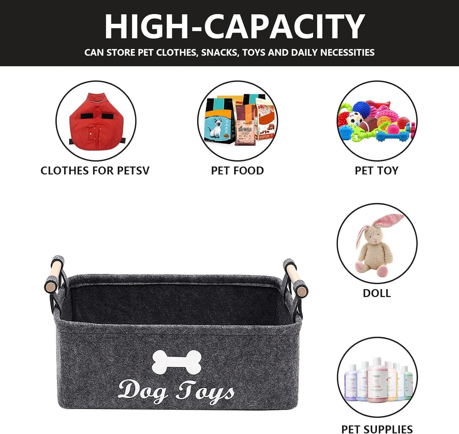 Dog Toys Storage Bins - with Wooden Handle,Decorative Basket Rectangular Soft Felt Storage Bin Organizer Basket Pet Supplies Storage Basket/Bin Kids Toy Chest Storage Trunk(Dog-Grey)