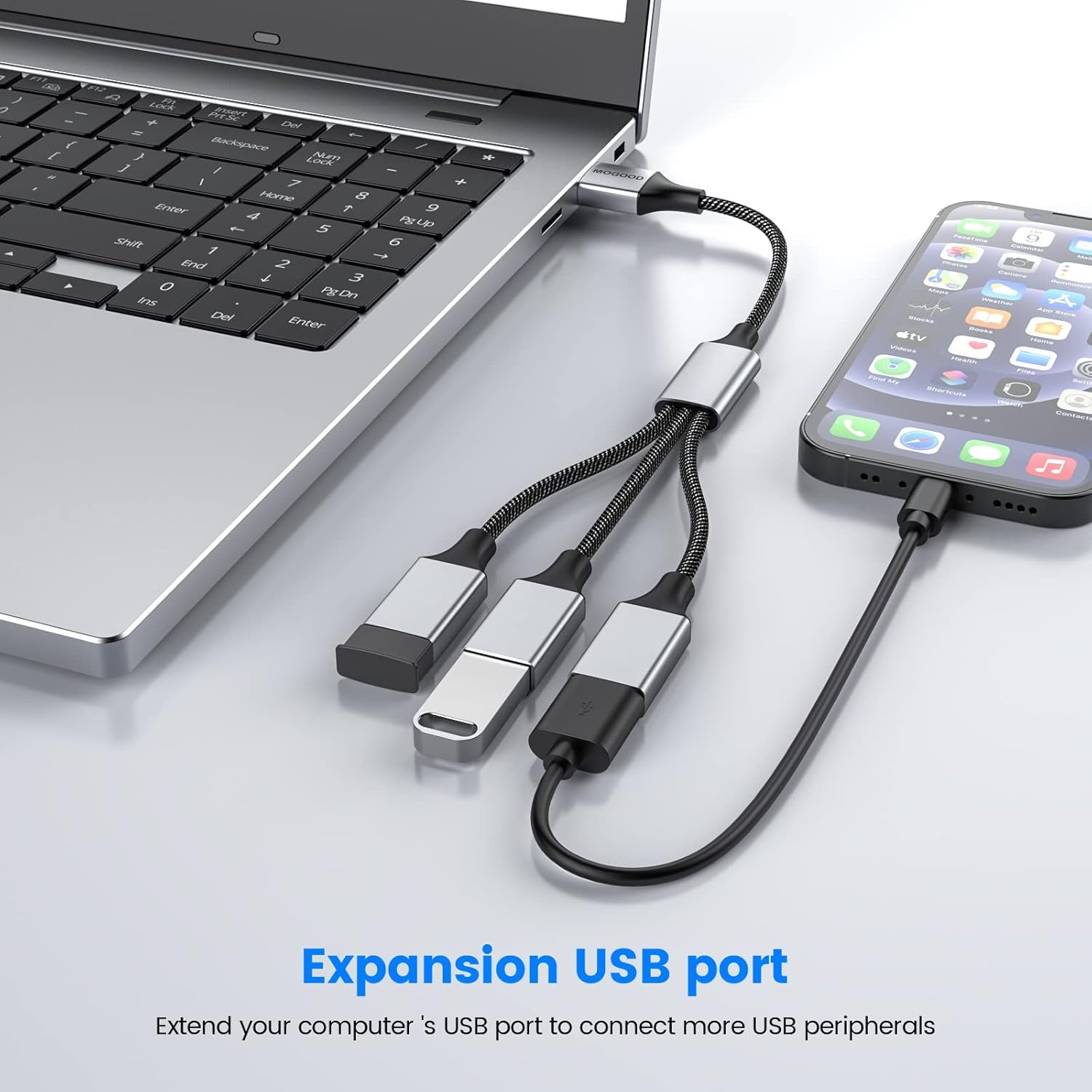 3 in 1 USB Splitter Cable, Portable USB 2.0 Hub for Charging, Data Transfer, Laptop, Mac