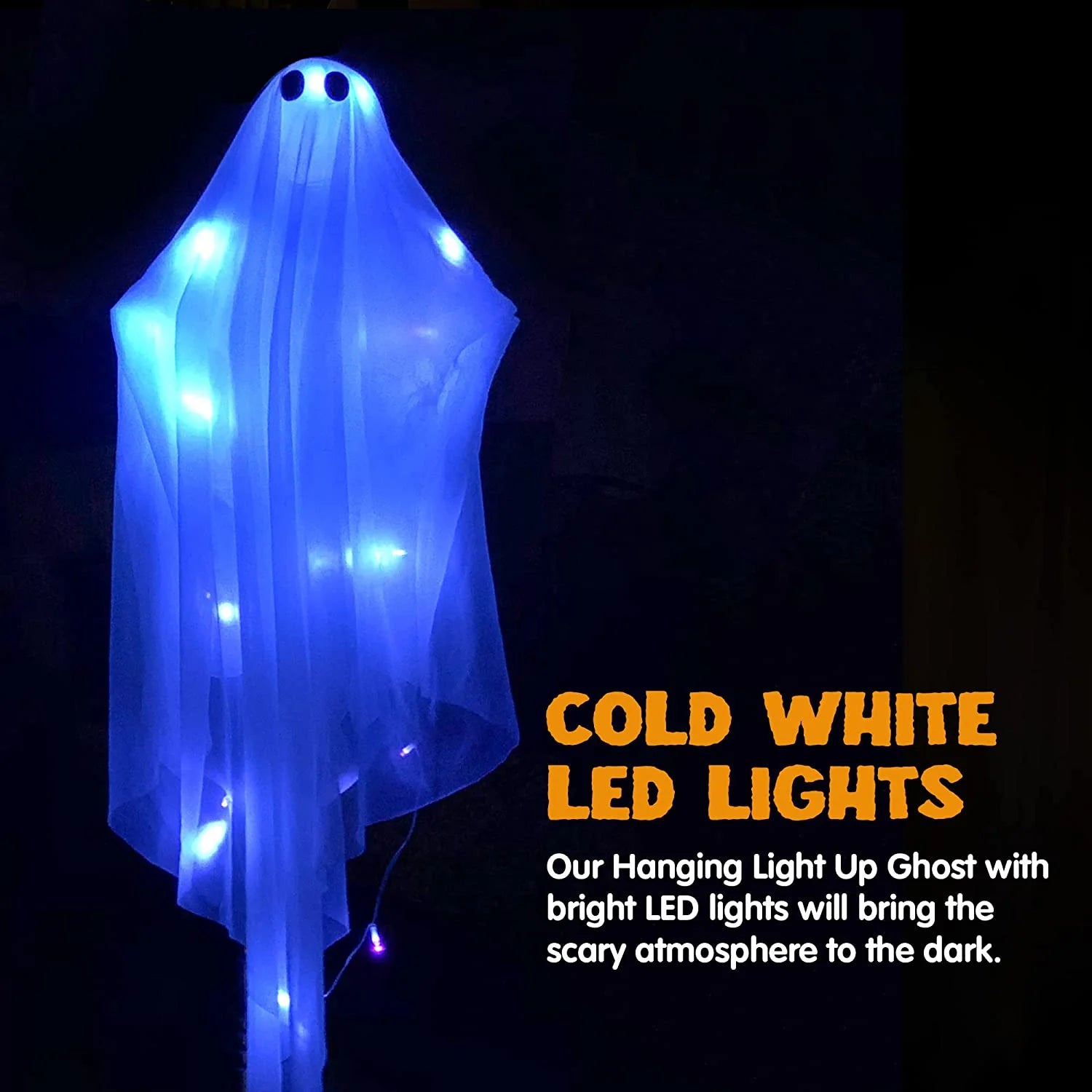 Halloween Ghost Decor with Blue LED Light, 47” Light up Hanging Ghost Halloween Yard Porch Decorations Outdoor