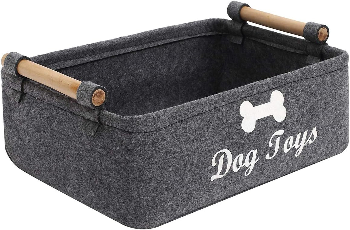 Dog Toys Storage Bins - with Wooden Handle,Decorative Basket Rectangular Soft Felt Storage Bin Organizer Basket Pet Supplies Storage Basket/Bin Kids Toy Chest Storage Trunk(Dog-Grey)