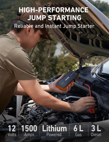 S8 Car Battery Jump Starter, 1500A Peak Car Jumper Starter Battery Pack for up to 6.0L Gas & 3.0L Diesel Engines, 12V Portable Jump Box with 3 Modes Flashlight and Jumper Cable (Orange)