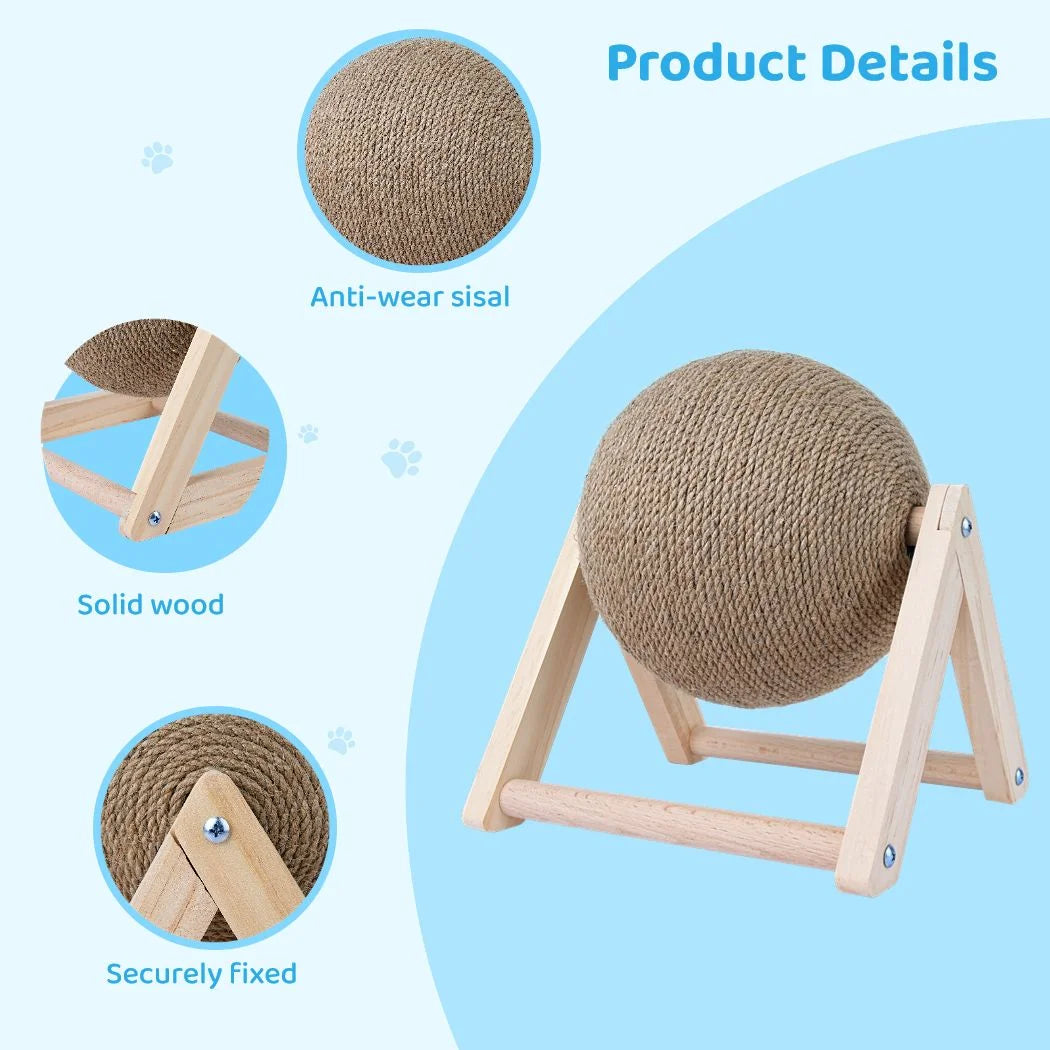 Cat Scratcher Toy, Cat Scratching Ball Toy, Natural Sisal Scratcher Ball, Spinning Cat Ball Toy, Solid Wood Scratching Toy for Cats & Kittens, Indoor Interactive Pet Toy