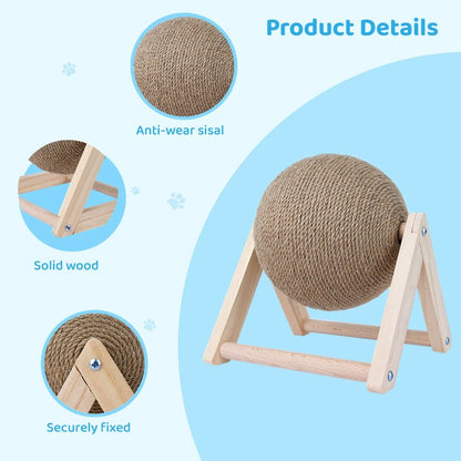 Cat Scratcher Toy, Cat Scratching Ball Toy, Natural Sisal Scratcher Ball, Spinning Cat Ball Toy, Solid Wood Scratching Toy for Cats & Kittens, Indoor Interactive Pet Toy