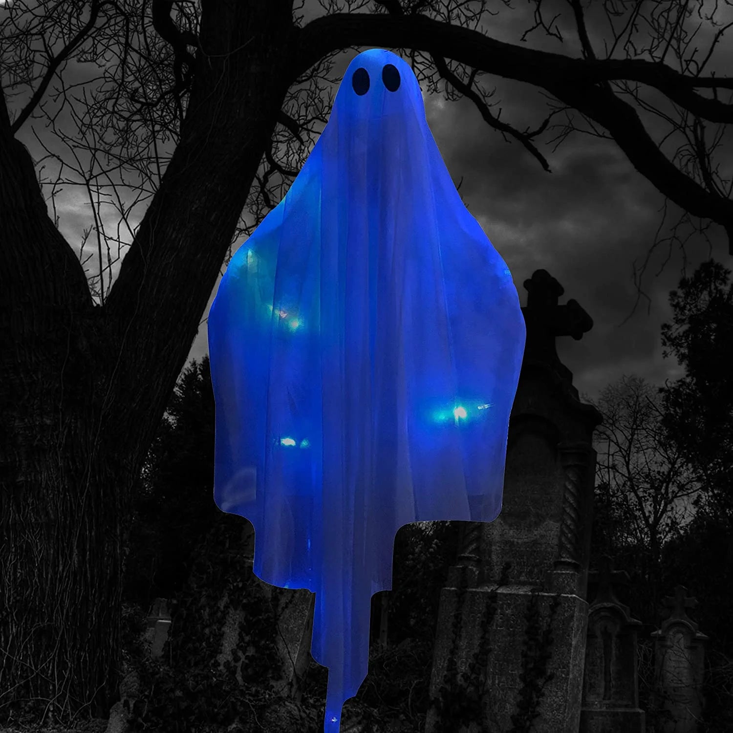 Halloween Ghost Decor with Blue LED Light, 47” Light up Hanging Ghost Halloween Yard Porch Decorations Outdoor