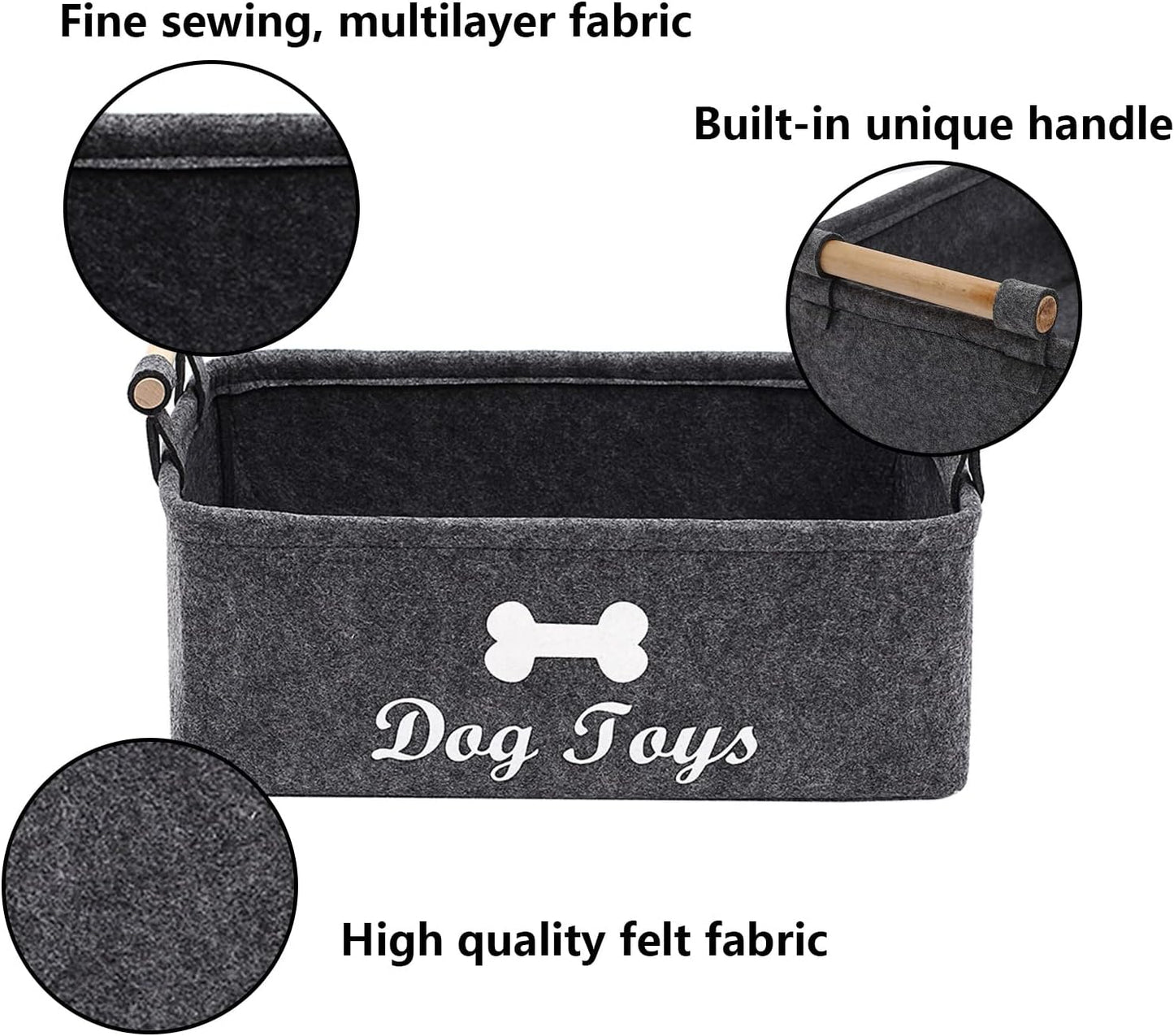 Dog Toys Storage Bins - with Wooden Handle,Decorative Basket Rectangular Soft Felt Storage Bin Organizer Basket Pet Supplies Storage Basket/Bin Kids Toy Chest Storage Trunk(Dog-Grey)