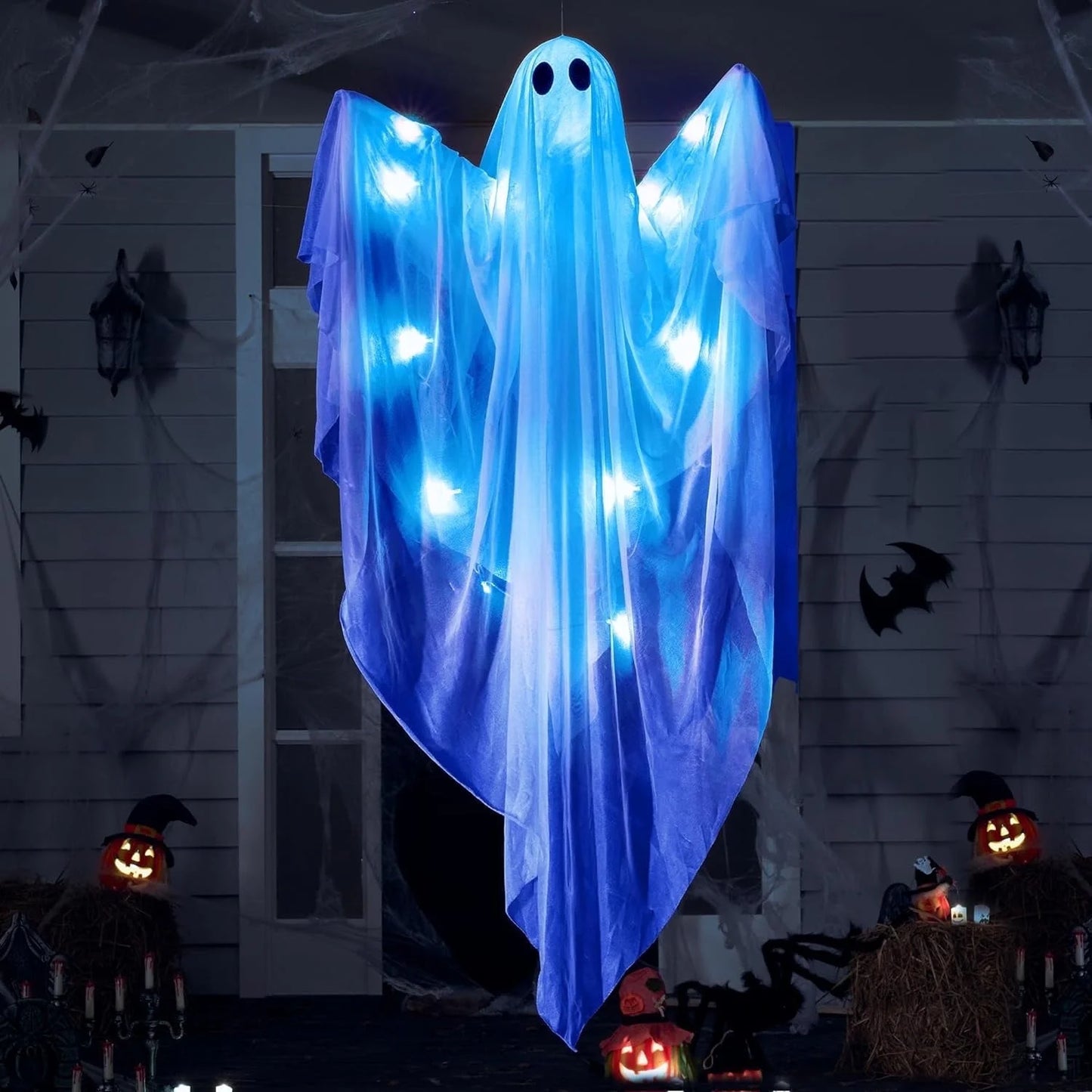 Halloween Ghost Decor with Blue LED Light, 47” Light up Hanging Ghost Halloween Yard Porch Decorations Outdoor