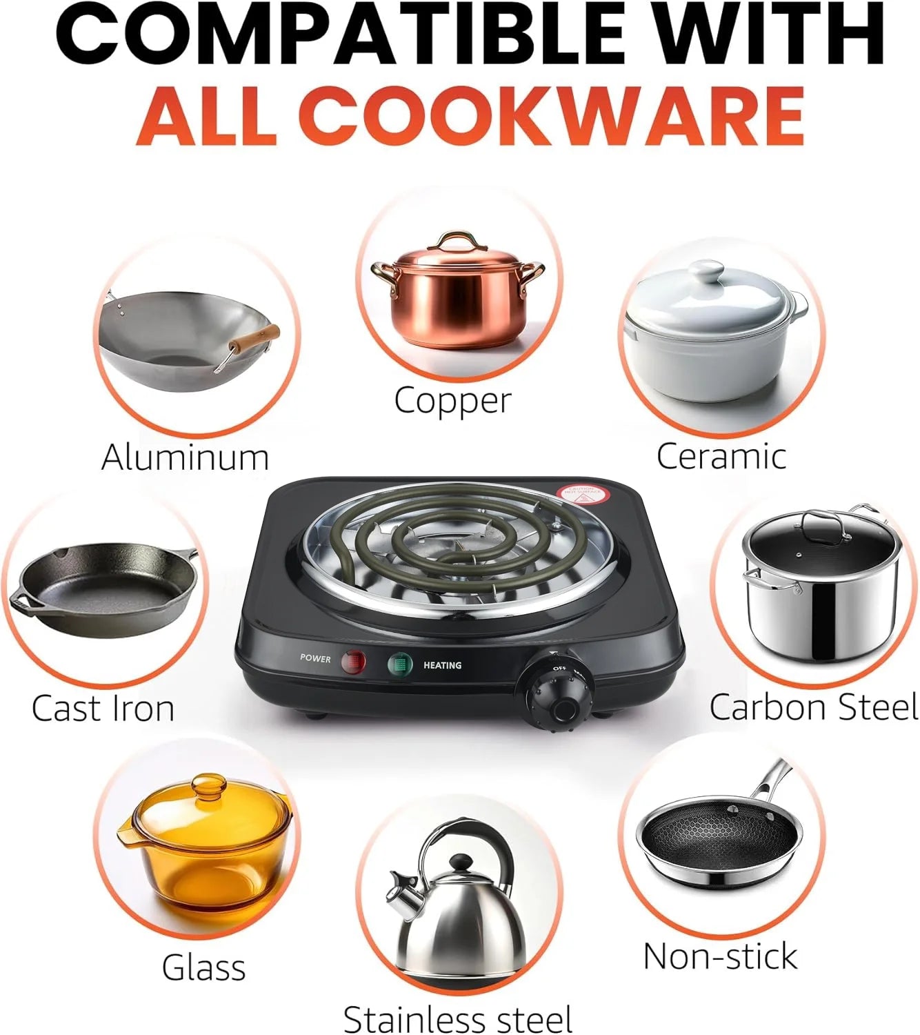 Single Coil Electric Burner and Hot Plate, 1100W, Black