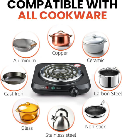 Single Coil Electric Burner and Hot Plate, 1100W, Black