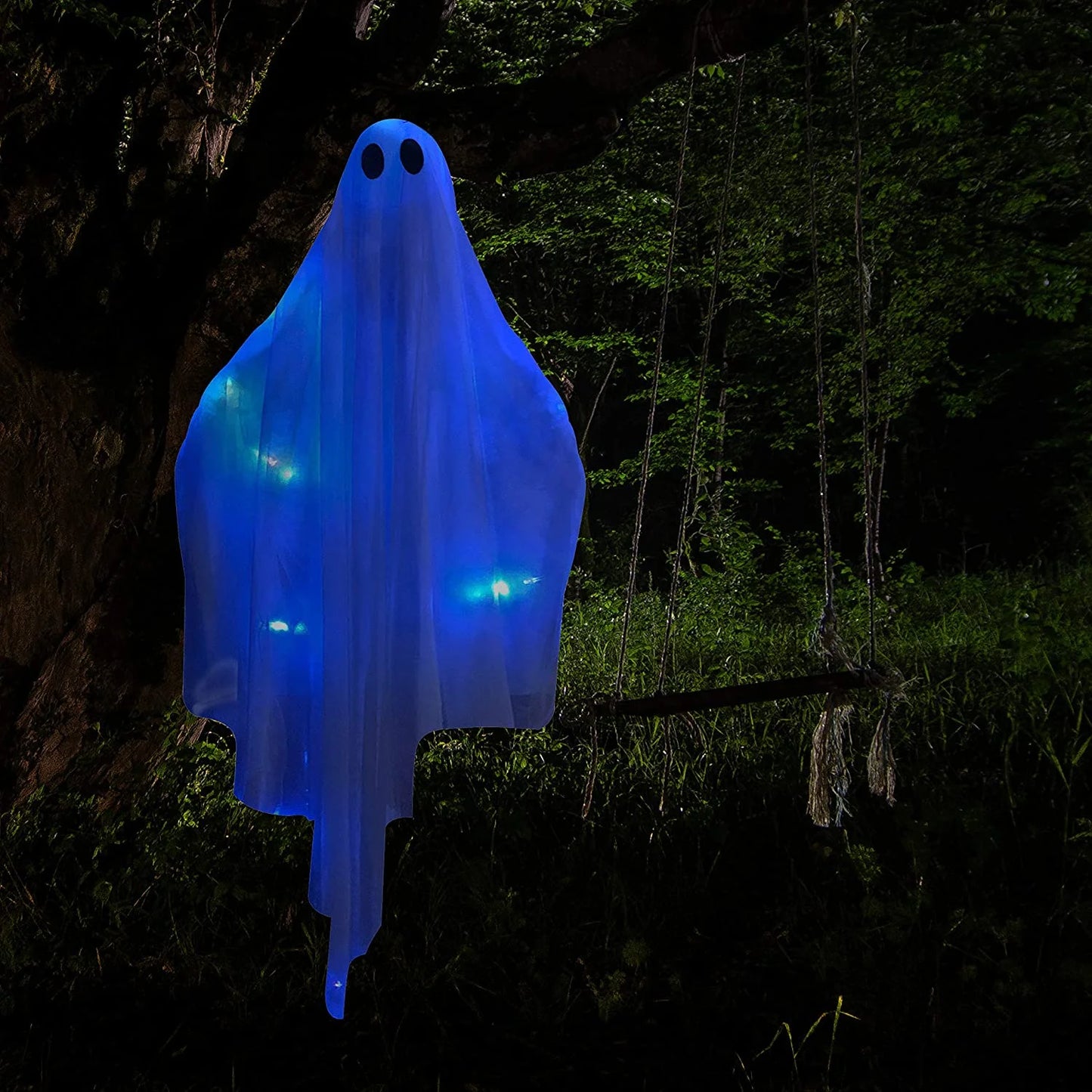 Halloween Ghost Decor with Blue LED Light, 47” Light up Hanging Ghost Halloween Yard Porch Decorations Outdoor