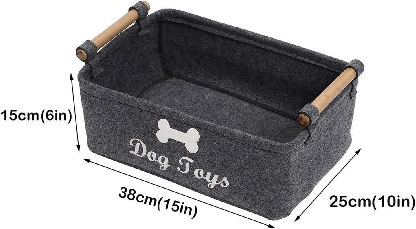 Dog Toys Storage Bins - with Wooden Handle,Decorative Basket Rectangular Soft Felt Storage Bin Organizer Basket Pet Supplies Storage Basket/Bin Kids Toy Chest Storage Trunk(Dog-Grey)