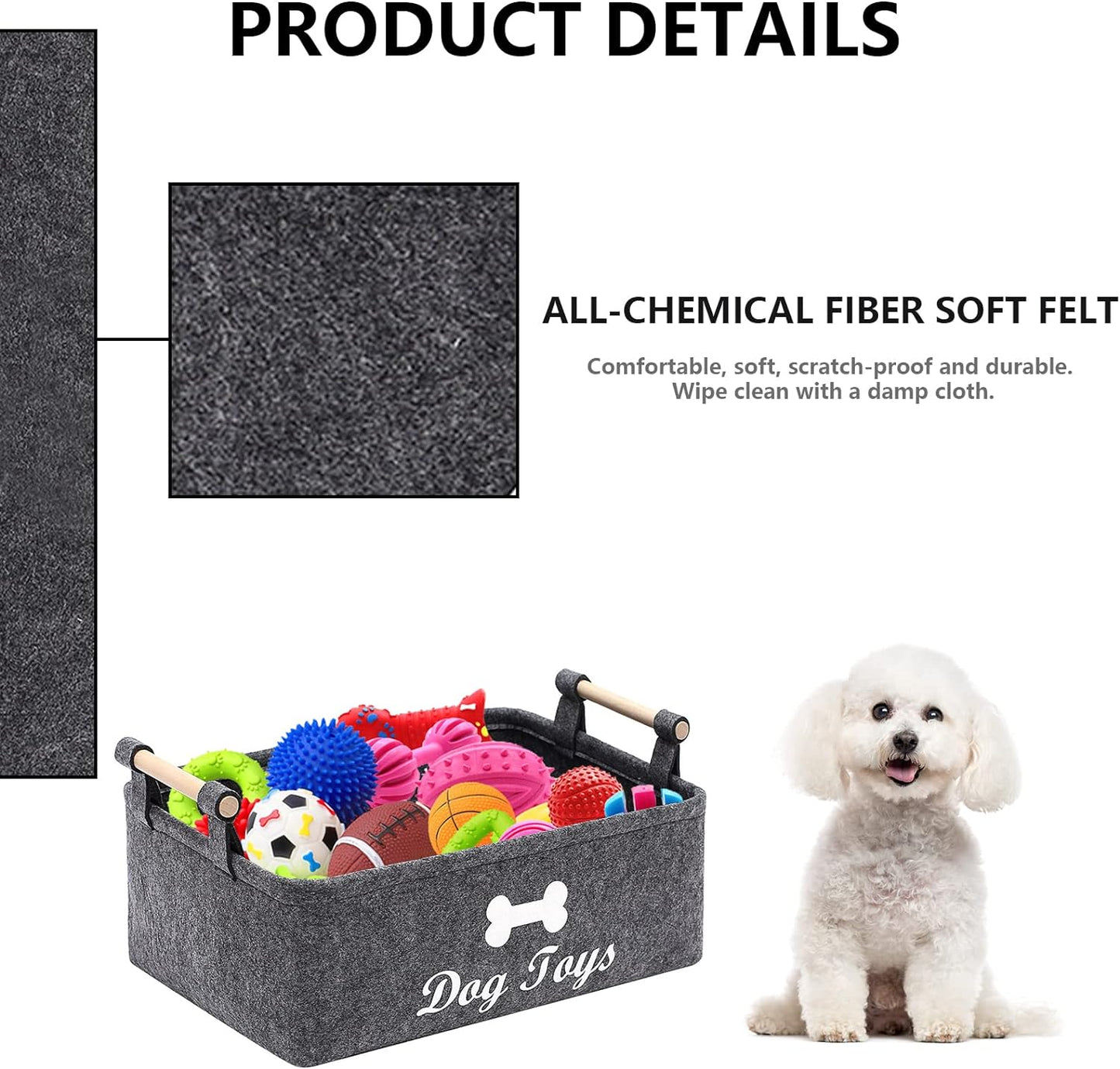 Dog Toys Storage Bins - with Wooden Handle,Decorative Basket Rectangular Soft Felt Storage Bin Organizer Basket Pet Supplies Storage Basket/Bin Kids Toy Chest Storage Trunk(Dog-Grey)