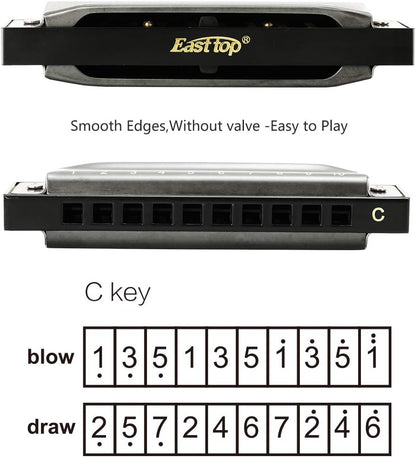 Deluxe Harmonica Key of C, 10 Holes 20 Tones Mouth Organ Diatonic Blues Harmonica for Adults, Beginners, Professionals and Students, as a Gift（Silver Grey）