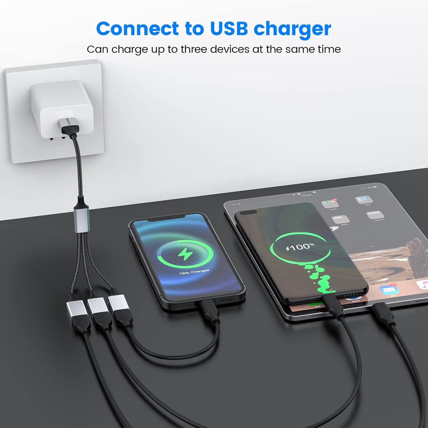 3 in 1 USB Splitter Cable, Portable USB 2.0 Hub for Charging, Data Transfer, Laptop, Mac