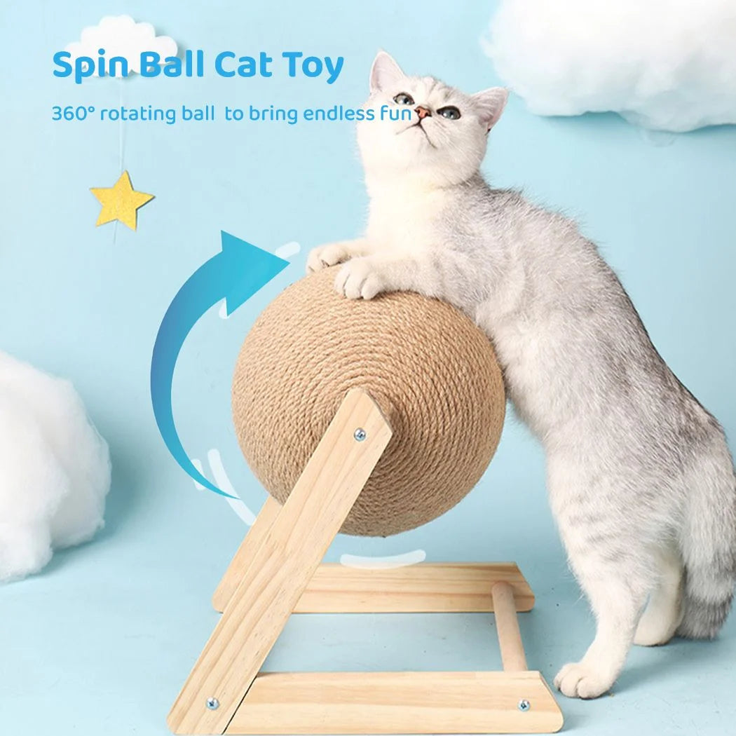 Cat Scratcher Toy, Cat Scratching Ball Toy, Natural Sisal Scratcher Ball, Spinning Cat Ball Toy, Solid Wood Scratching Toy for Cats & Kittens, Indoor Interactive Pet Toy