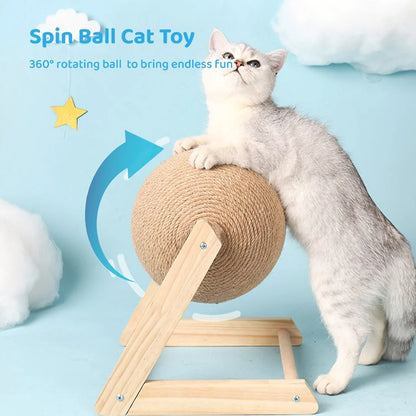 Cat Scratcher Toy, Cat Scratching Ball Toy, Natural Sisal Scratcher Ball, Spinning Cat Ball Toy, Solid Wood Scratching Toy for Cats & Kittens, Indoor Interactive Pet Toy