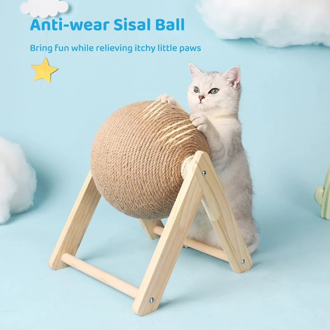 Cat Scratcher Toy, Cat Scratching Ball Toy, Natural Sisal Scratcher Ball, Spinning Cat Ball Toy, Solid Wood Scratching Toy for Cats & Kittens, Indoor Interactive Pet Toy