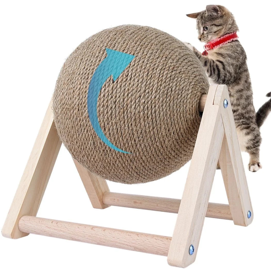 Cat Scratcher Toy, Cat Scratching Ball Toy, Natural Sisal Scratcher Ball, Spinning Cat Ball Toy, Solid Wood Scratching Toy for Cats & Kittens, Indoor Interactive Pet Toy