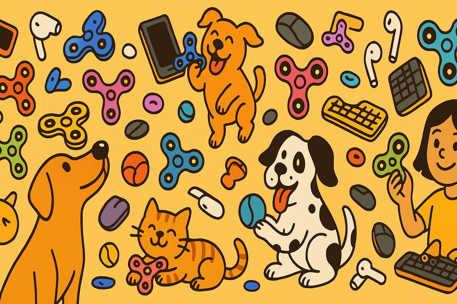 there should be at least one dog balancing a fidget spinner on its nose. give me the same image, but more zoomed out, more of everything, and have at least one dog balancing a fidget spinner on its nose, stick the the color scheme but the fidget spinners can be the exception have them be differing colors.